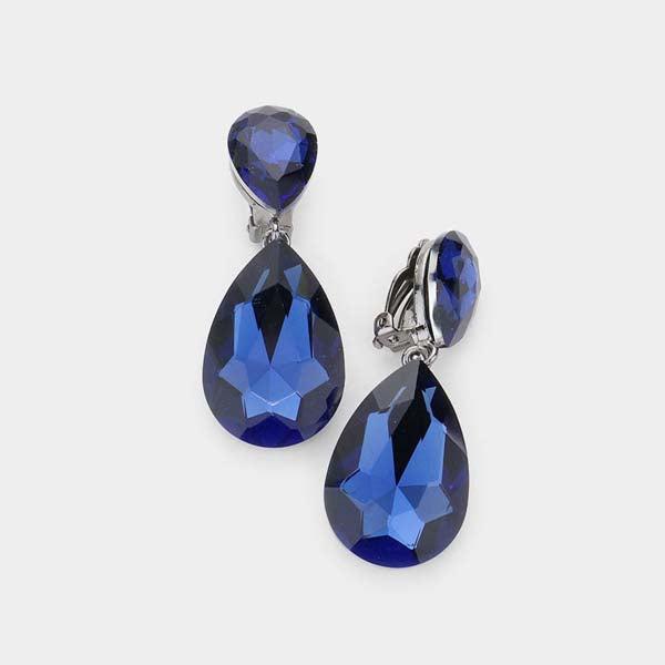 Crystal Montana Blue Double Teardrop Clip on Evening Earrings-Earring-SPARKLE ARMAND