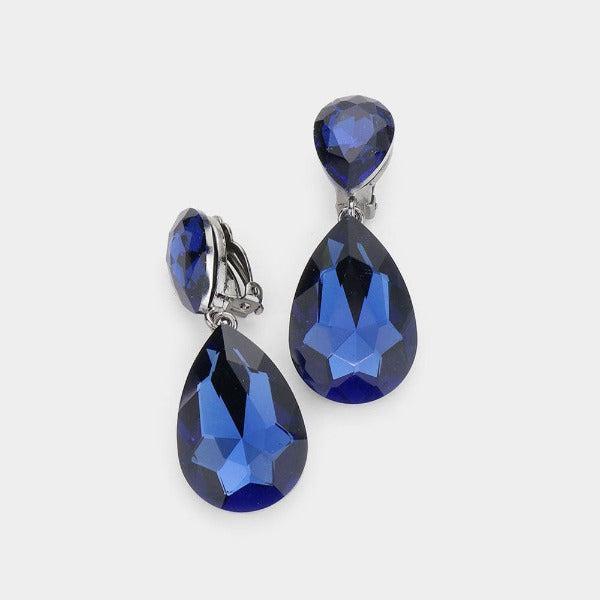 Crystal Montana Blue Double Teardrop Clip on Evening Earrings