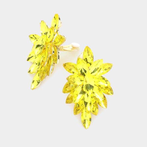 Oval Yellow Spill Crystal Cluster Clip on Gold Earrings