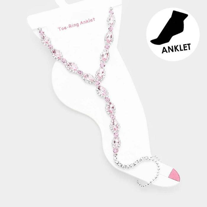 Anklet Pink Marquise Rhinestone Silver Net Toe Ring
