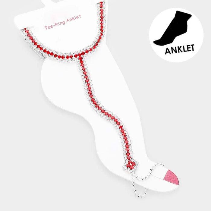 Anklet Red Rhinestone Silver Net Toe Ring