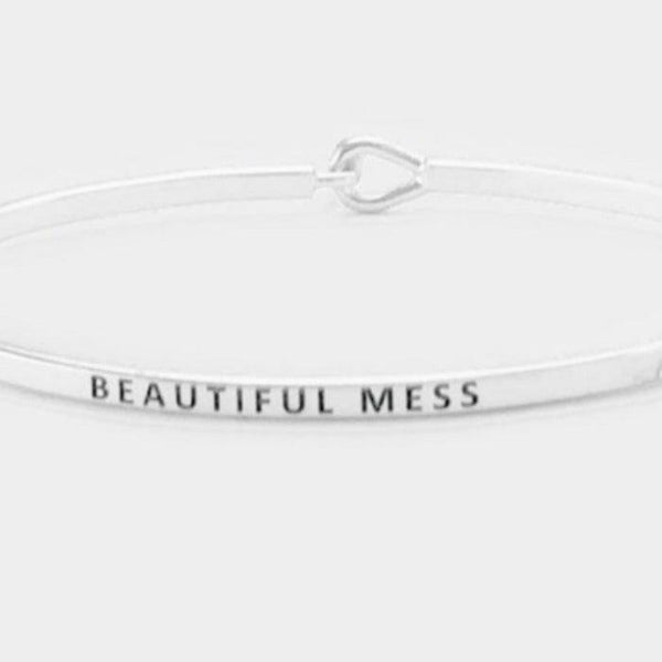 "BEAUTIFUL MESS" Thin Silver Metal Hook Bracelet
