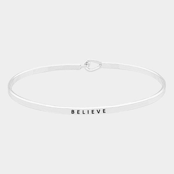 "Believe" Thin Silver Metal Hook Bracelet