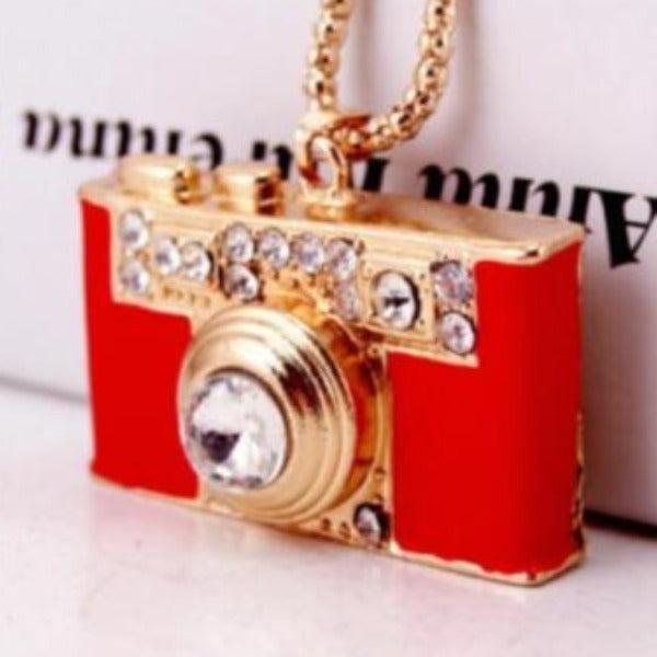 Betsey Johnson Camera Photography Crystal Red Enamel Necklace-Necklace-SPARKLE ARMAND