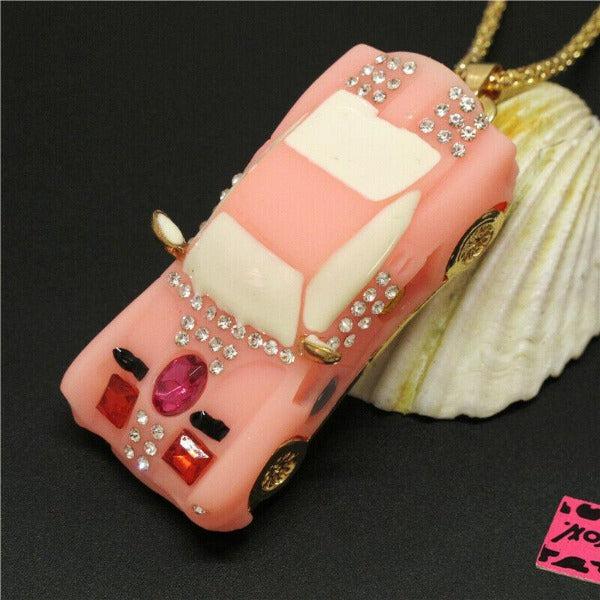 Betsey Johnson Car Pink Resin Rhinestone Gold Necklace-Necklace-SPARKLE ARMAND