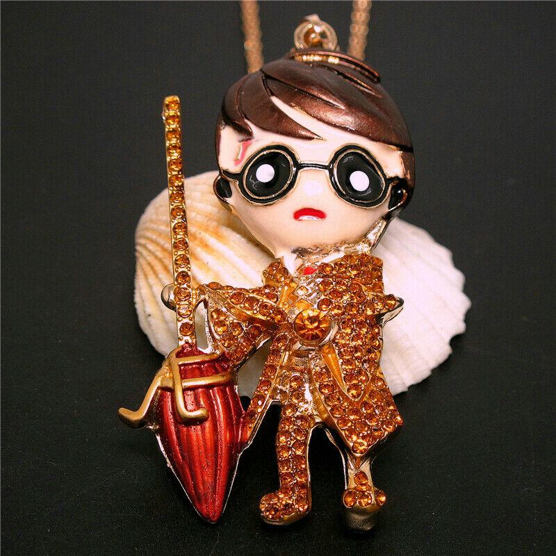 Betsey Johnson Girl With Magic Broom Yellow Rhinestone Pendant Necklace-Necklace-SPARKLE ARMAND