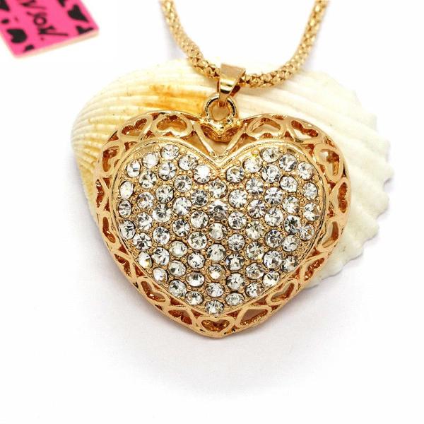 Betsey Johnson Heart White Crystals Gold Pendant Necklace-Necklace-SPARKLE ARMAND