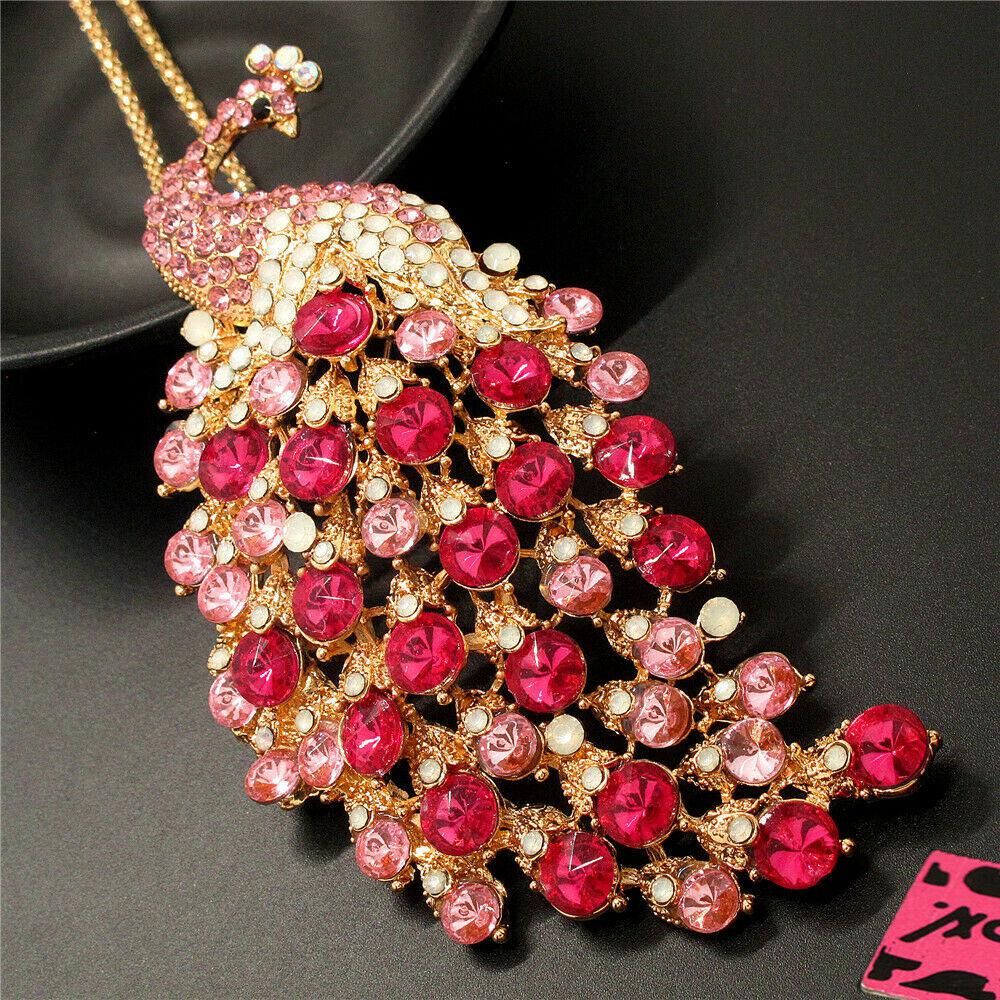 Betsey Johnson Peacock Pink Rhinestone Gold Pendant Necklace-Necklace-SPARKLE ARMAND