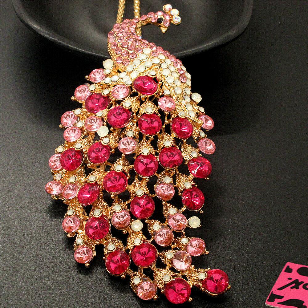 Betsey Johnson Peacock Pink Rhinestone Gold Pendant Necklace-Necklace-SPARKLE ARMAND