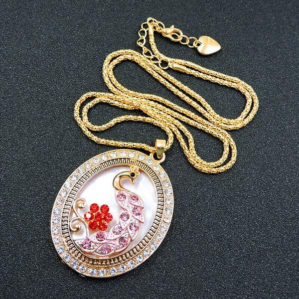 Betsey Johnson Peacock in Frame Pink Rhinestone Gold Pendant Necklace-Necklace-SPARKLE ARMAND