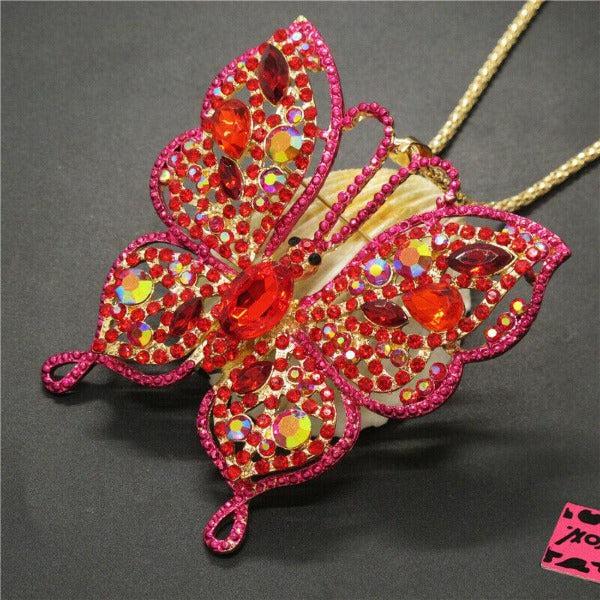Betsey Johnson Pink Butterfly Rhinestone Large Gold Necklace-Necklace-SPARKLE ARMAND