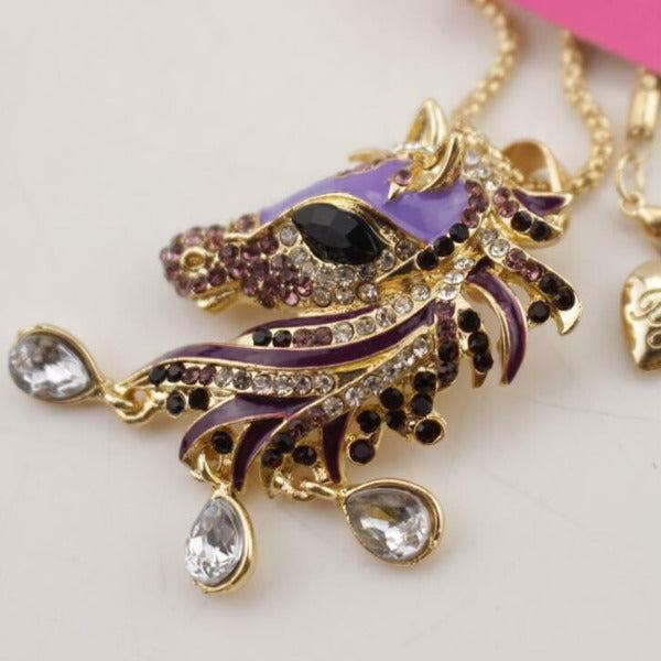 Betsey Johnson Purple Horse Head Crystal Rhinestone Gold Necklace-Necklace-SPARKLE ARMAND