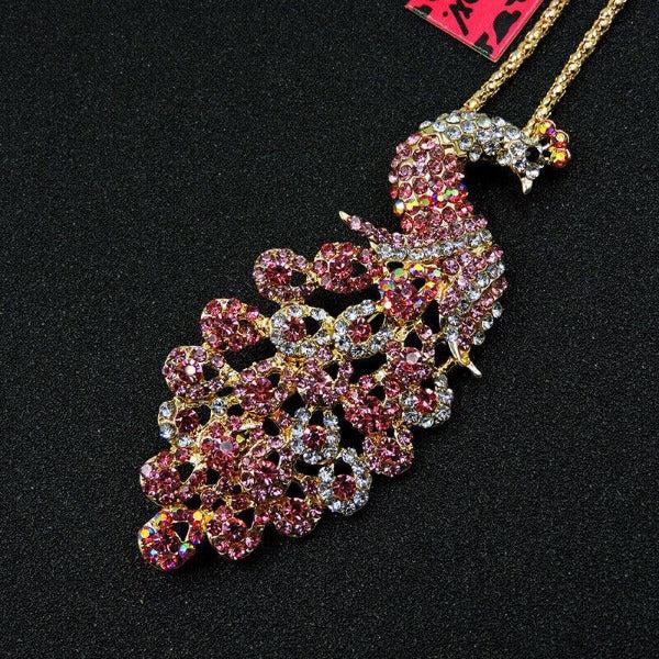 Betsey Johnson Small Peacock Pink Rhinestone Gold Pendant Necklace-Necklace-SPARKLE ARMAND