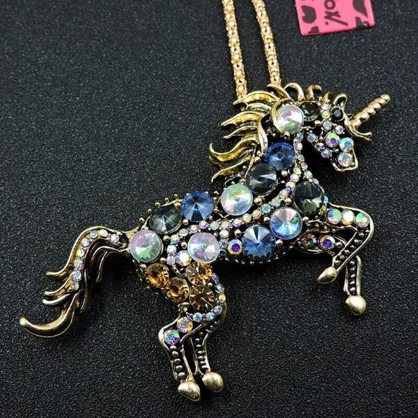 Betsey Johnson Unicorn Horse Stallion Blue Rhinestone Gold Necklace-Necklace-SPARKLE ARMAND