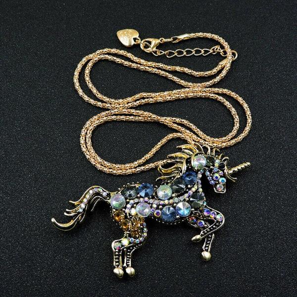 Betsey Johnson Unicorn Horse Stallion Blue Rhinestone Gold Necklace-Necklace-SPARKLE ARMAND