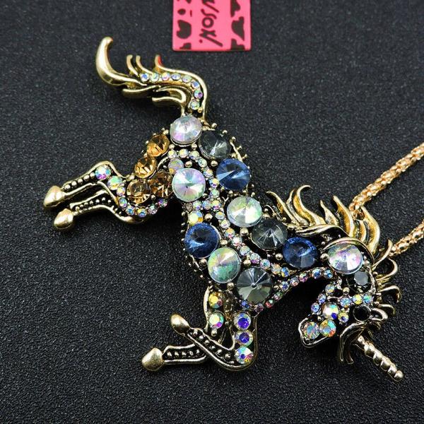 Betsey Johnson Unicorn Horse Stallion Blue Rhinestone Gold Necklace-Necklace-SPARKLE ARMAND
