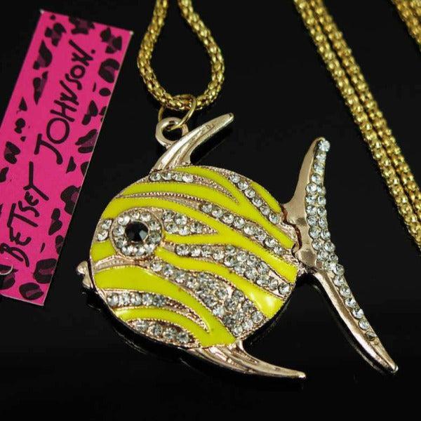 Betsey Johnson Yellow Enamel Fish Rhinestone Pendant Necklace-Necklace-SPARKLE ARMAND
