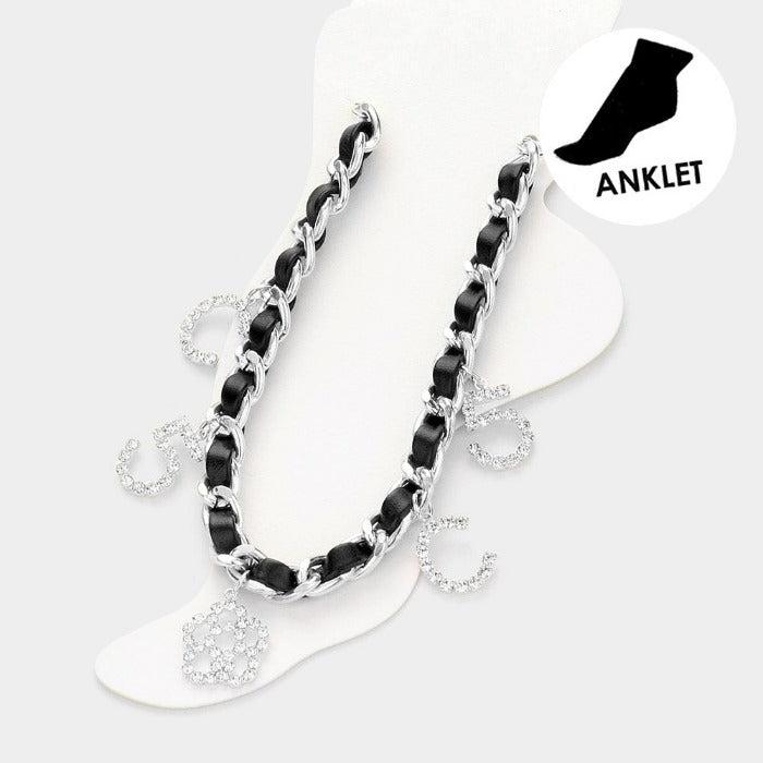 C No. 5 Flower Charm Faux Leather Silver Metal Chain Anklet