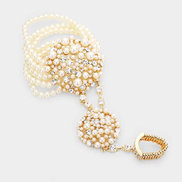 Cream Pearl Crystal Rhinestone Stretch Gold Hand Chain Bracelet