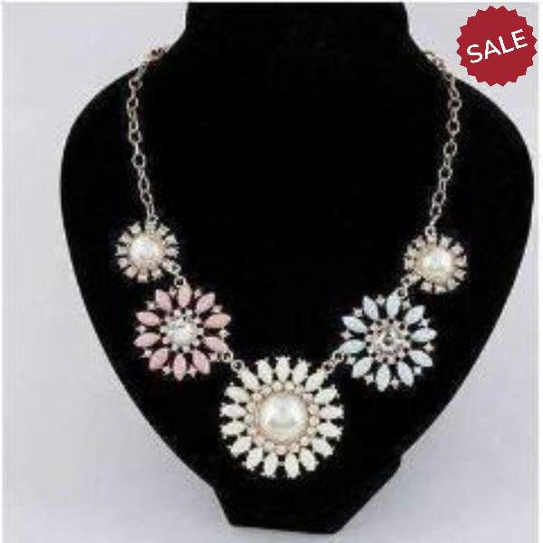 Crystal 5 Flower Pink Teal Ivory Gold Tone Statement Necklace-Necklace-SPARKLE ARMAND