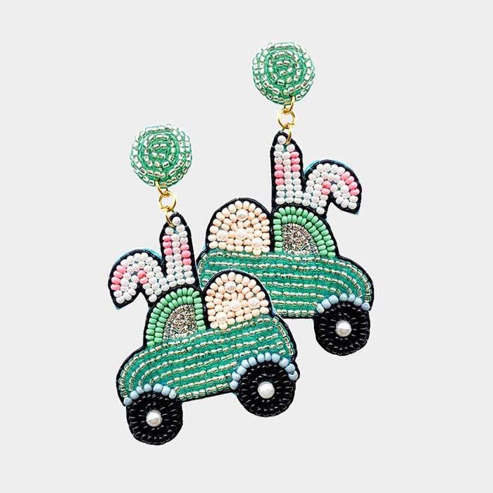Easter Bunny Car Green Seed Beaded Dangle Earrings