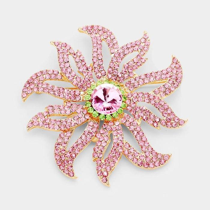 Flower Pink & Green Crystal Pave Pin Brooch