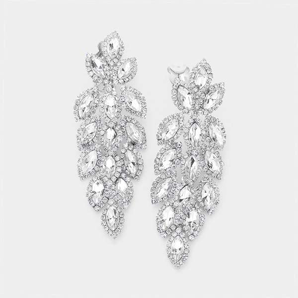 Marquise Crystal Oval Cluster Vine Silver Clip On Earrings