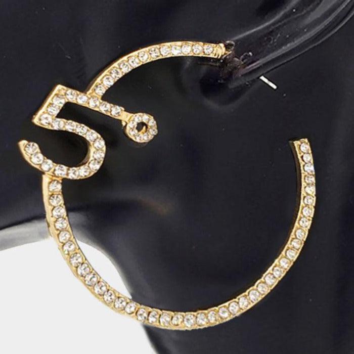 No. 5 Rhinestone Embellished Gold Hoop Earrings by VERA New York
