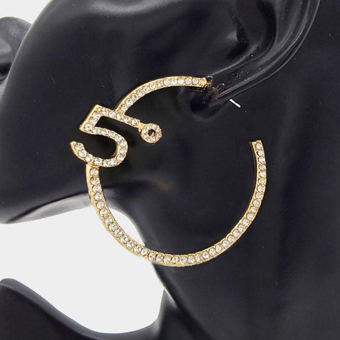 No. 5 Rhinestone Embellished Gold Hoop Earrings by VERA New York