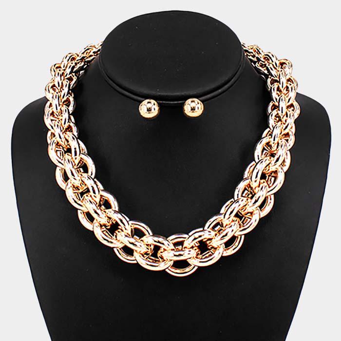 Open Gold Metal Oval Link Statement Necklace Set