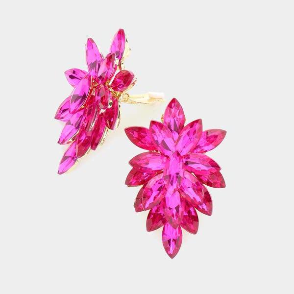 Oval Fuchsia Crystal Cluster Clip on Gold Earrings