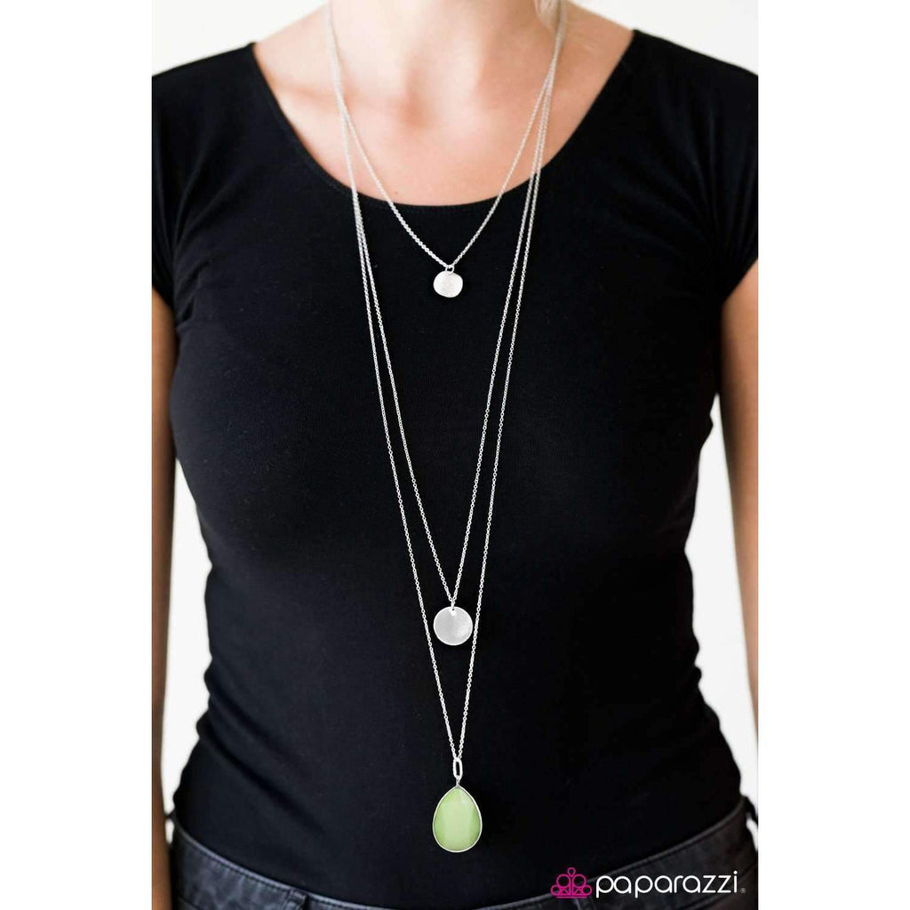 Paparazzi RAIN Supreme Faceted Green Teardrop Silver Necklace & Earring Set-Necklace-SPARKLE ARMAND