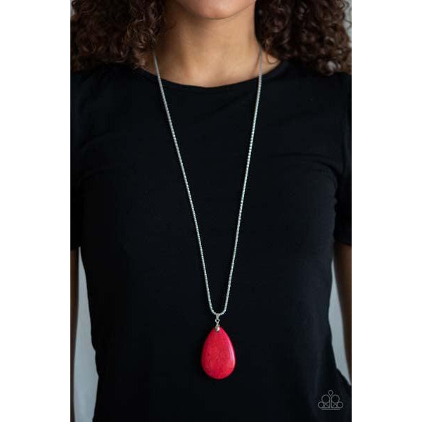 Paparazzi Sedona Sandstone - Red Necklace & Earrings Set   Pinched between a dainty silver fitting, an oversized red stone teardrop pendant swings from the bottom of a lengthened silver popcorn chain for a seasonal flair. Features an adjustable clasp closure.
