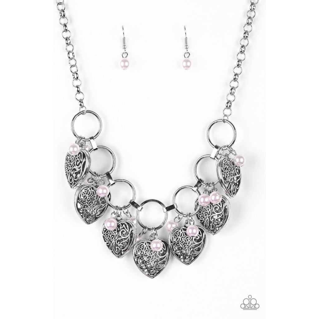 Paparazzi "Very Valentine" Pink Bead Vintage Heart Silver Necklace Earrings Set-Necklace-SPARKLE ARMAND