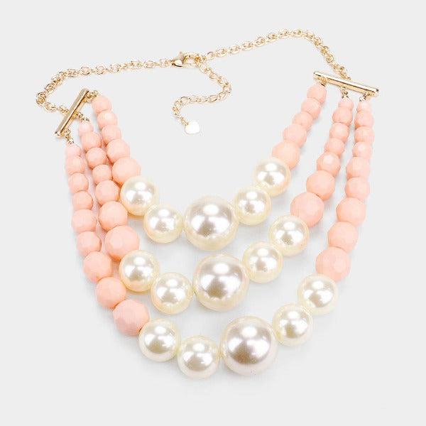 Pearl Faceted Pink Bead Triple Layered Necklace-Necklace-SPARKLE ARMAND