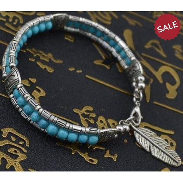 Turquoise Bohemian Feather Silver Bangle Bracelet