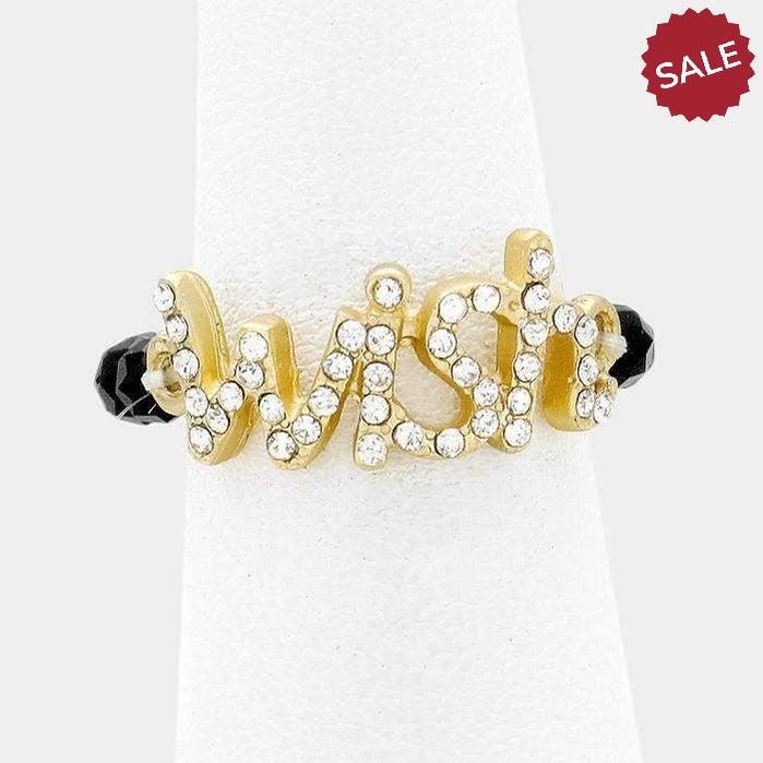 "Wish" Gold and Clear Crystal Inspirational Stretch Ring