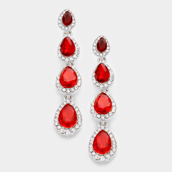 Red & Clear Crystal Teardrop Evening Dangle Earrings