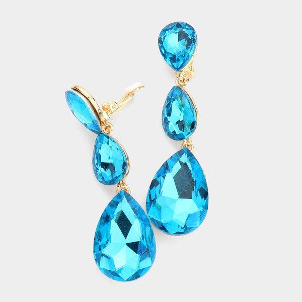 Aqua Blue Triple Crystal Rhinestone Clip-On Earrings