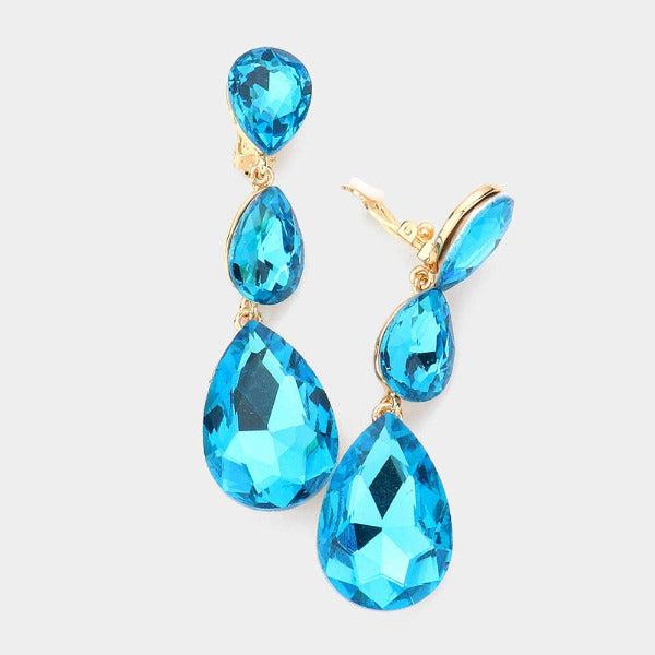 Aqua Blue Triple Crystal Rhinestone Clip-On Earrings