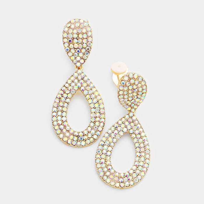 Aurora Borealis Pave Crystal Rhinestone Cut Out Teardrop Clip on Earring