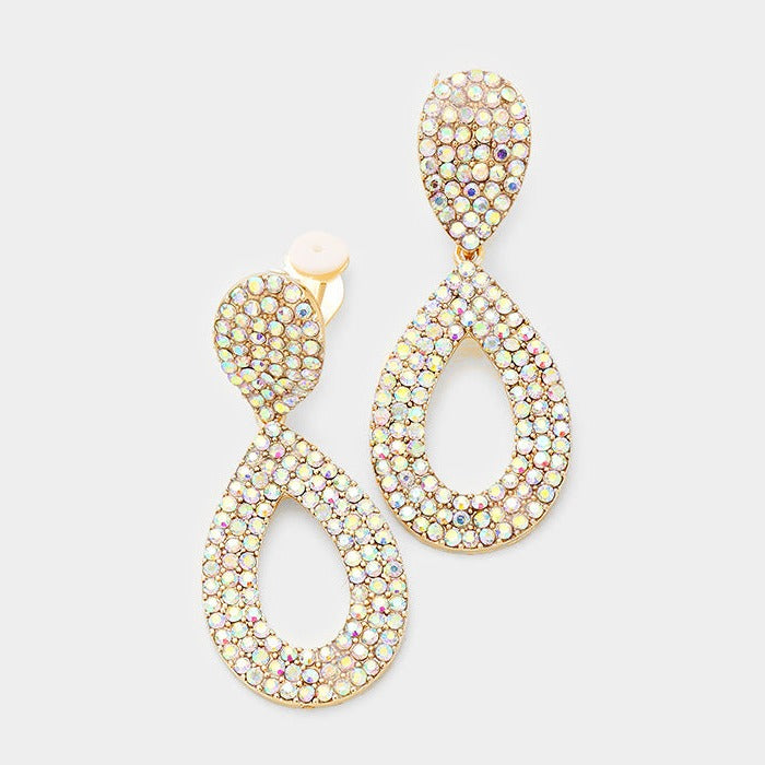 Aurora Borealis Pave Crystal Rhinestone Cut Out Teardrop Clip on Earring