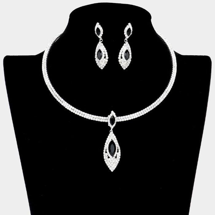 Black Marquise Stone Accented Rhinestone Choker Necklace Set Sparkle Armand