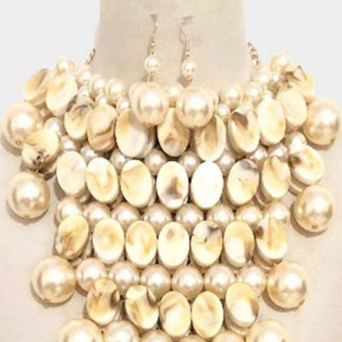 Chunky Ivory Pearl Marbled Beaded Statement Necklace Set