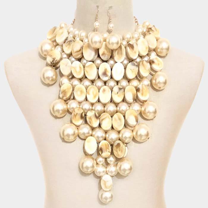 Chunky Ivory Pearl Marbled Beaded Statement Necklace Set