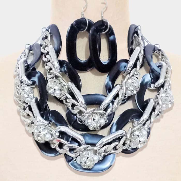 Chunky Open Oval Celluloid Acetate Metal Chain Link Necklace