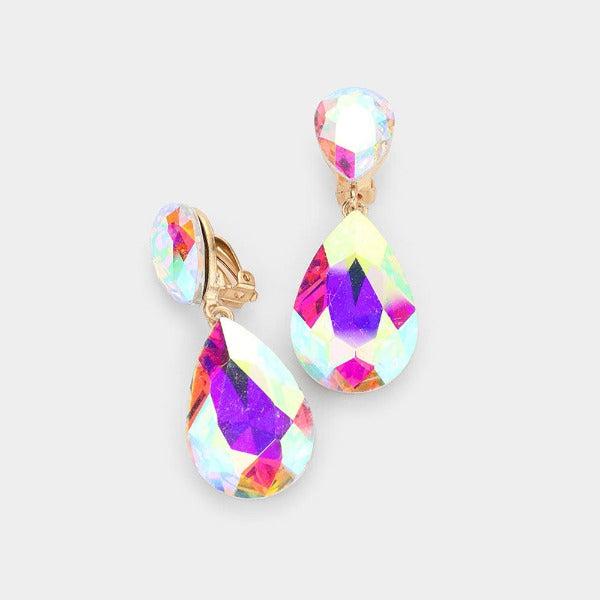 Crystal Aurora Borealis Double Teardrop Clip on Gold Earrings