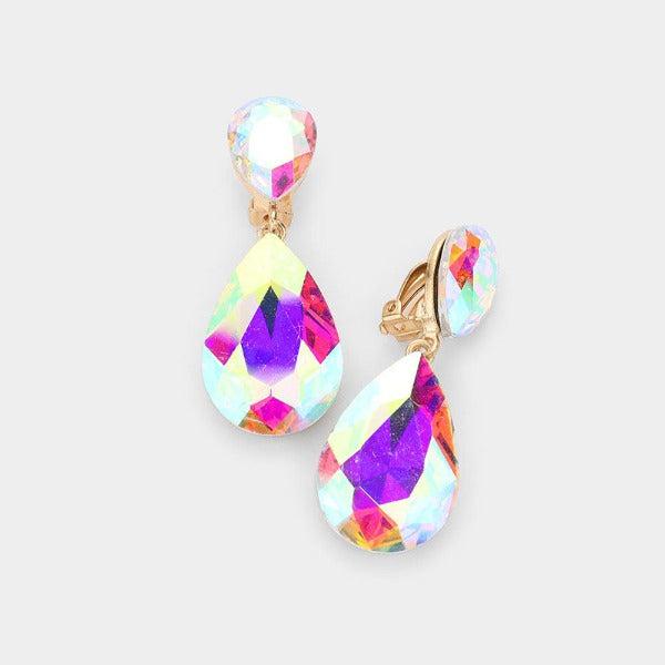 Crystal Aurora Borealis Double Teardrop Clip on Gold Earrings