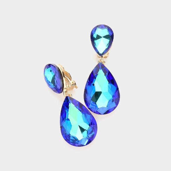 Crystal Blue Double Teardrop Clip on Gold Earrings