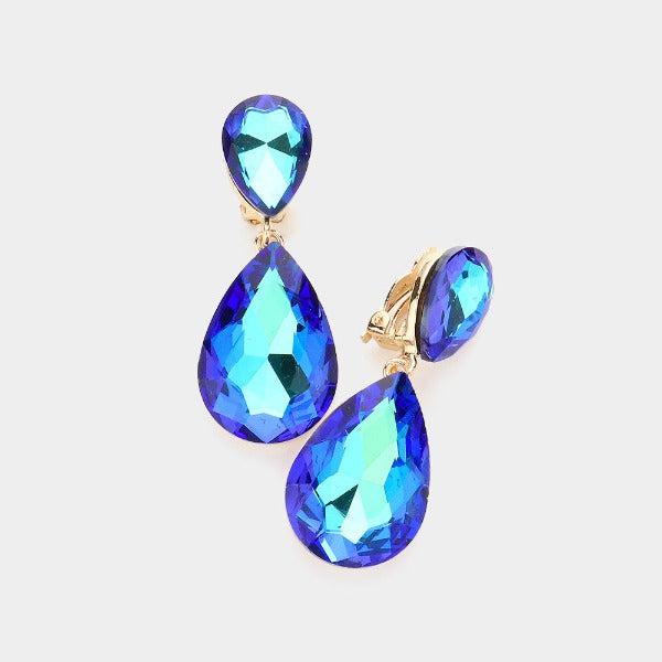 Crystal Blue Double Teardrop Clip on Gold Earrings
